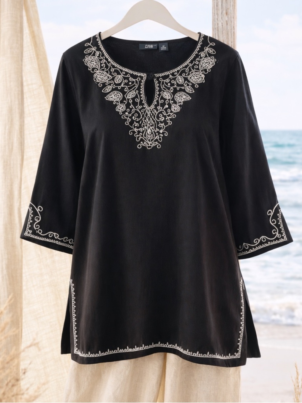 Boho Embroidered Tunic Top Black White Front Keyhole Cotton CB Casual Plus Sz 2X